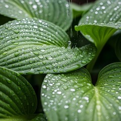 Obraz premium Close-up of vibrant green leaves covered in glistening water droplets during a gentle rain shower.