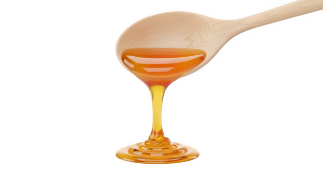 Golden honey gracefully dripping from a wooden spoon, capturing pure sweetness and natural goodness in a visually appealing pour.