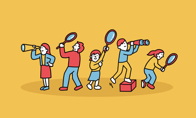 虫眼鏡や双眼鏡を手に持つ家族・ビジネスチームのイラスト