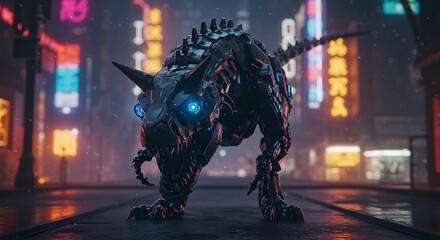 Robotic carnotaurus dinosaur with glowing blue eyes stands in a futuristic city with neon lights and wet pavement