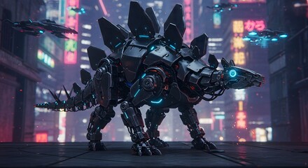 Robotic stegosaurus in a futuristic city with flying vehicles and neon lights in the background view