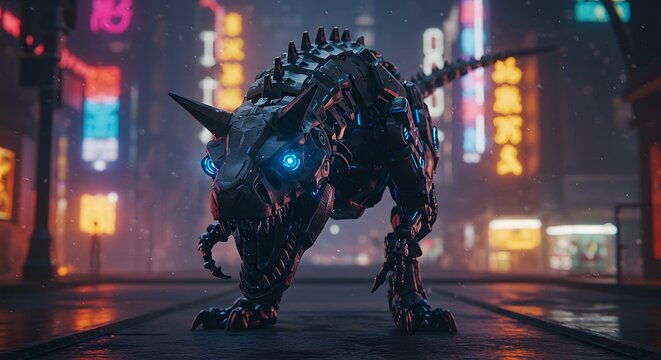 Robotic carnotaurus dinosaur with glowing blue eyes stands in a futuristic city with neon lights and wet pavement