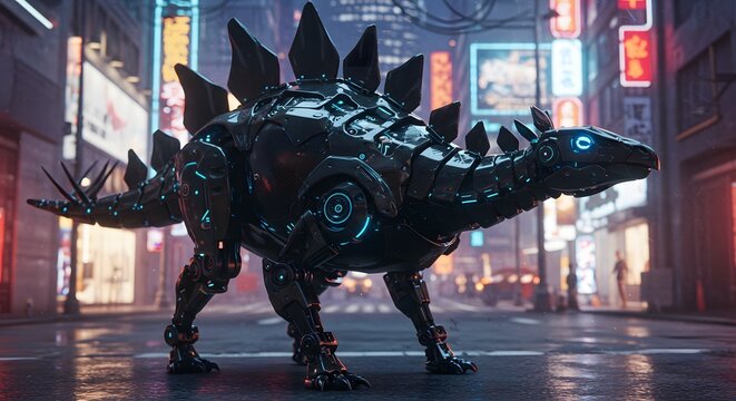 A robotic stegosaurus stands on a city street with neon lights and tall buildings in the background at night