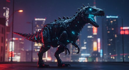 Robotic tyrannosaurus rex with glowing blue accents standing in a futuristic cityscape at night