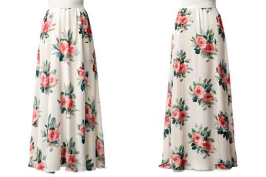 Elegant floral maxi skirt design, feminine fashion, romantic summer apparel, chic flowing garment