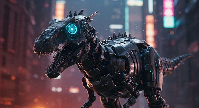 A robotic tyrannosaurus rex with a glowing blue eye standing in a futuristic city at nighttime