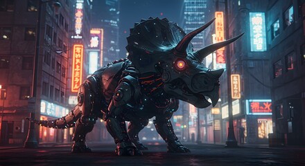 A robotic triceratops stands amidst the vibrant cityscape with neon lights illuminating the night scene