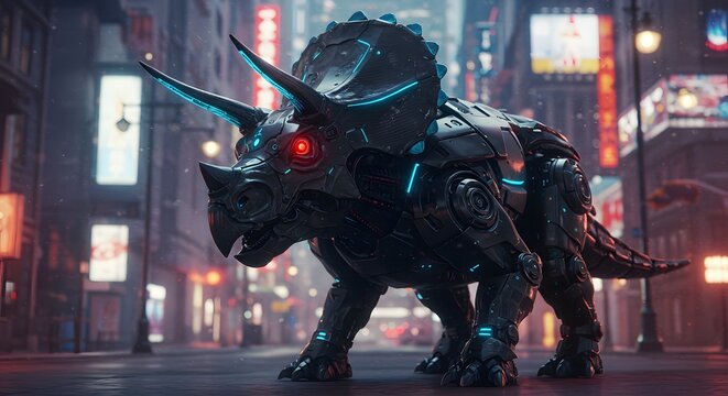 Robotic triceratops with glowing blue accents stands in a futuristic city street at night time