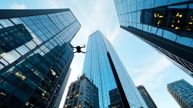 Advanced drone surveys city skyscrapers for futuristic urban exploration and aerial data collection. AI generative video - Powered by Adobe