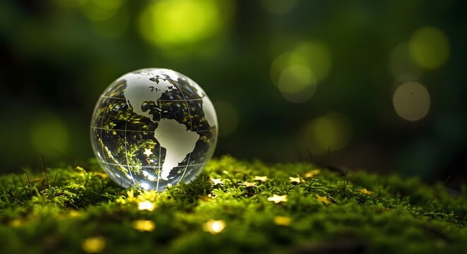 glass sphere on the grass, Glass globe with etched continents rests on mossy ground with small gold stars scattered around. Eu Corporate Sustainability Reporting Directive CSRD, representing global ec