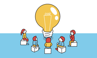 アイデアブレストのイメージイラスト　大きな電球の周りに集まって座る人々