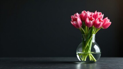 A vibrant bouquet of pink tulips arranged in a clear glass vase sits on a dark surface against a moody background, creating a simple yet elegant still life.