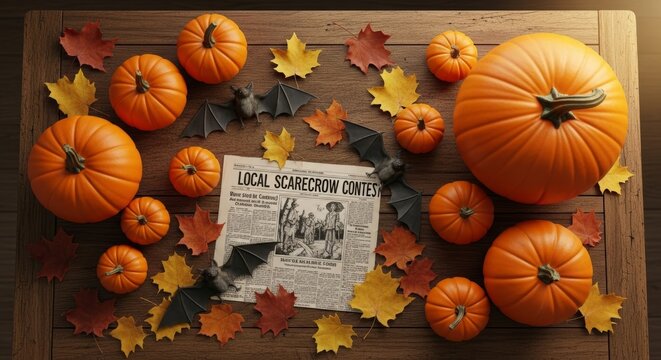 A flat lay of various pumpkins, colorful autumn leaves, and a vintage newspaper about a scarecrow contest. The scene captures the essence of Halloween decor.