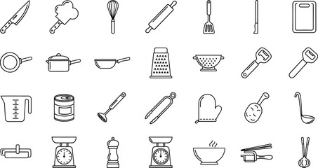 Illustration of various kitchen utensils and cookware, including knives, pots, pans, and other tools, ideal for culinary themes and restaurant concepts