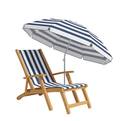 Classic wooden deck chair with striped canopy umbrella for beach or patio relaxation isolated on transparent background