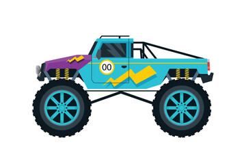 Electric Bolt Blue Monster Truck with Giant Tires, High Suspension, Lightning Graphics, Off-Road Racing Power, and Eye-Catching Design