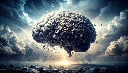 Brain with falling letters with concept, sky, creativity, and knowledge.