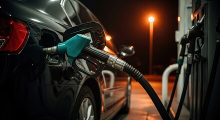 Filling black car at night with blue handle fuel nozzle