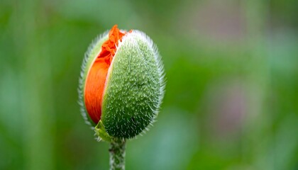 A close-up of a fuzzy green and orange flower bud, beginning to bloom, against a blurred green background