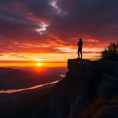 Fototapeta premium Silhouette of a person on a mountaintop at sunrise overlooking a valley.