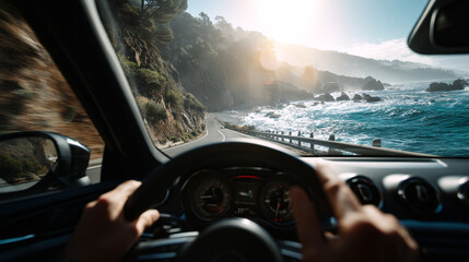 Driving a car along a coastal road with ocean views and mountain scenery