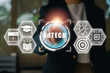A digital interface showcasing the concept of EdTECH with icons representing education, technology, and innovation.