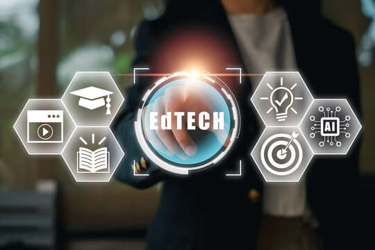 A digital interface showcasing the concept of EdTECH with icons representing education, technology, and innovation.