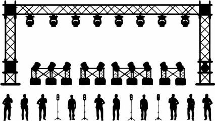 Silhouette illustration of a stage setup with trussing lights and a crowd of people in a concert setting