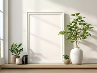 White frame mockup leaning on empty room wall with plants and vase, minimalist serene decor template for home display.