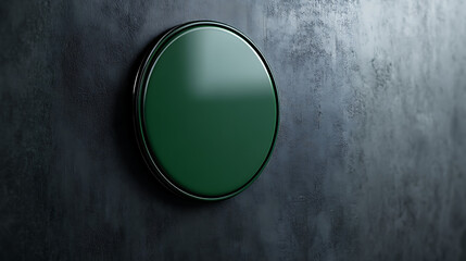 A green circular fridge magnet with branding mockup, isolated on a matte black refrigerator. Studio light bounce with strong contrast. Created Using: product display setup, studio realism,