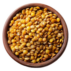 Yellow lentils in rustic wooden bowl, from above isolated on white transparent background. Concept of natural, healthy, organic food