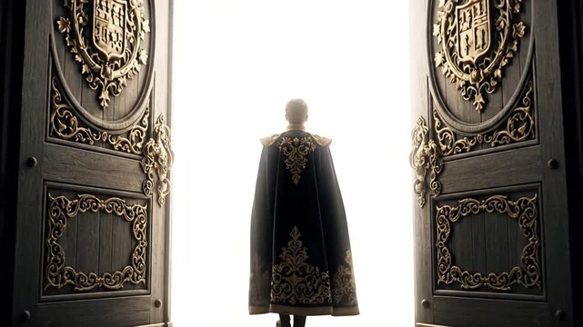 A royal figure in a cape standing before huge ornate doors opening to a bright white light.