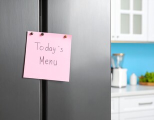 Close-up view of a pink sticky note with handwritten text “Today’s Menu” attached to a stainless steel refrigerator door in a modern kitchen with a blue wall background.