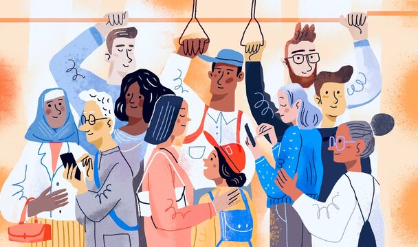 Various people are in crowded public transport