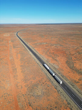 A road train on The Stuart Highway. Woomera. South Australia.