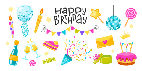 A vibrant collection of birthday elements, balloons, candles, a cake, confetti, gifts, and festive decorations, perfect for party designs.