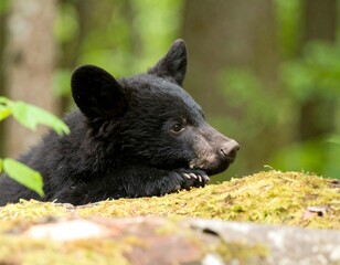 A curious black bear cub rests its paws on a mossy log, gazing intently to the right, amidst a blurred background of lush green forest
