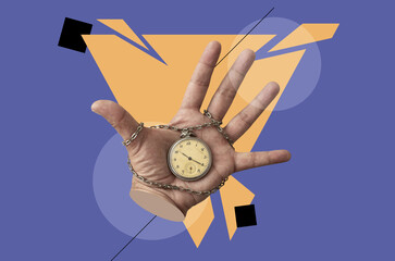 Collage art with a watch on a human palm against yellow triangle