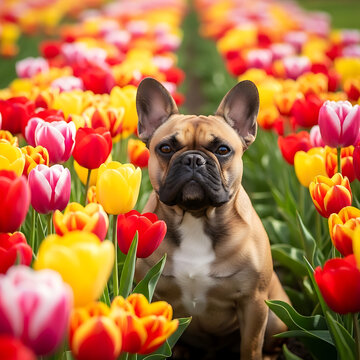 French Bulldog Sitting in Colorful Tulip Field in Spring