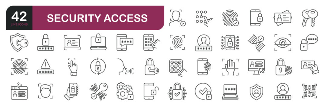 Security access icons set. Web line icons collection related account protection, password, login, encryption. Editable stroke