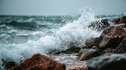 Powerful waves crashing on rocks