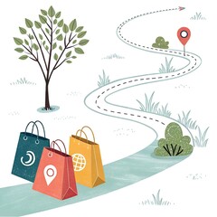 Shopping bags on a winding path leading to a destination marker, symbolizing a journey or delivery route with a tree and bushes