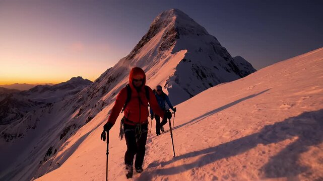 Climbers ascend a snow-covered mountain peak at sunset, a breathtaking winter landscape adventure.