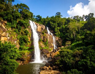 Naklejka premium Waterfall in lush green forest