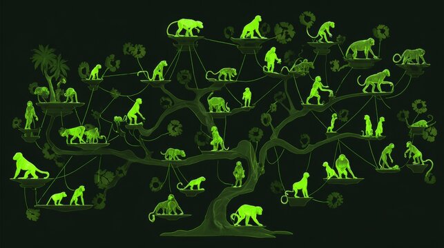 hominid,evolutionary,ancestry,primates,adaptation,progress,chain,nodes,genetics,diversity,translucent,biology,life,origins,glowing,development,tree,species,branches,human