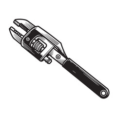 Obraz premium Detailed black and white illustration of an adjustable wrench hand tool on white background