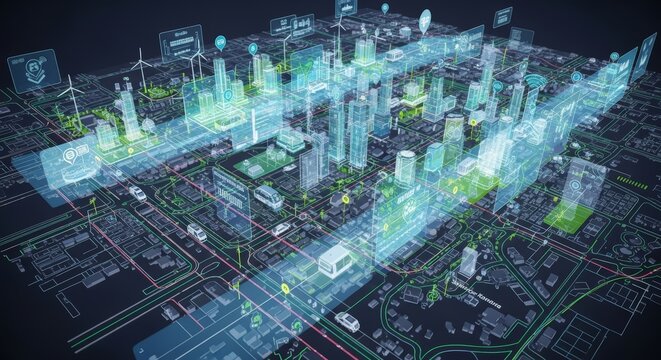 A futuristic cityscape with digital overlays. Skyscrapers, green spaces, and smart technology elements are visible. The scene represents urban development and innovation.