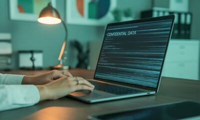 Laptop displays "Confidential Data" text, hands typing, desk scene, modern setup
