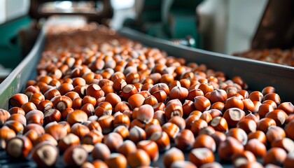 Hazelnut harvesting process factory product photography industrial setting close-up view food production insights