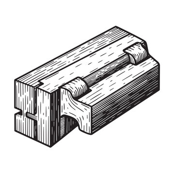 Detailed engraved illustration of a mortise and tenon joint in woodworking construction